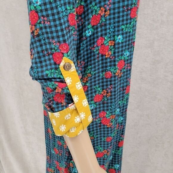 Matilda Jane Dark Teal Blsck Gingham and Floral Button Up Shirt Midi Dress - Picture 10 of 13